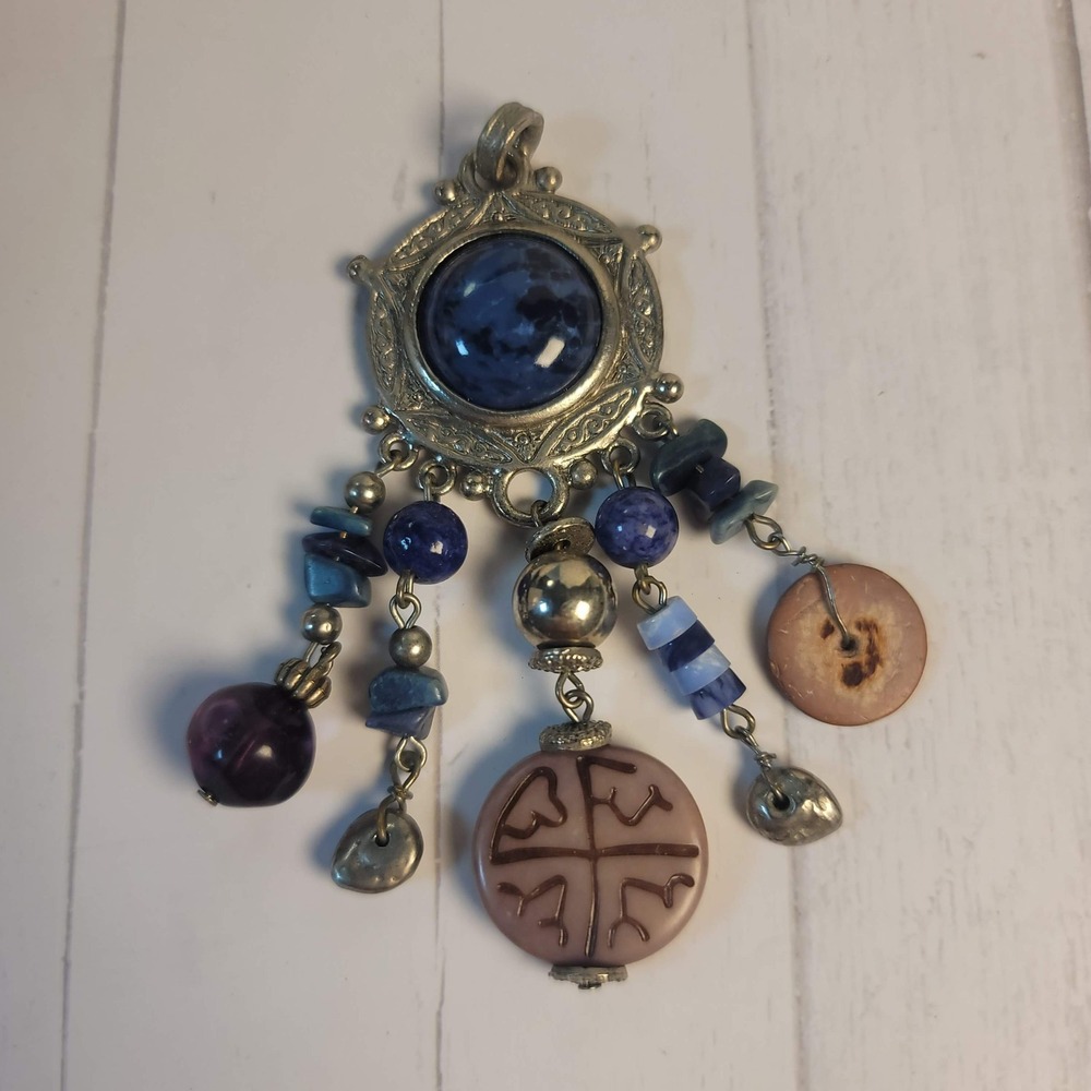 Express Vintage Boho Statement Pendant Blue Silver Tone Mixed Bead Charms